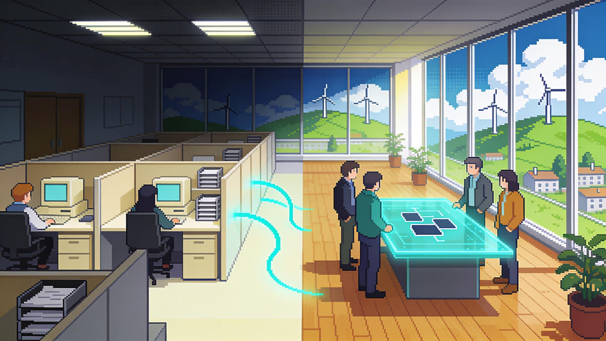 Pixel-art scene: one office floor where a tidy older half of low partitions, each person at their own desk, opens into a bright studio where four colleagues stand together around a glowing table