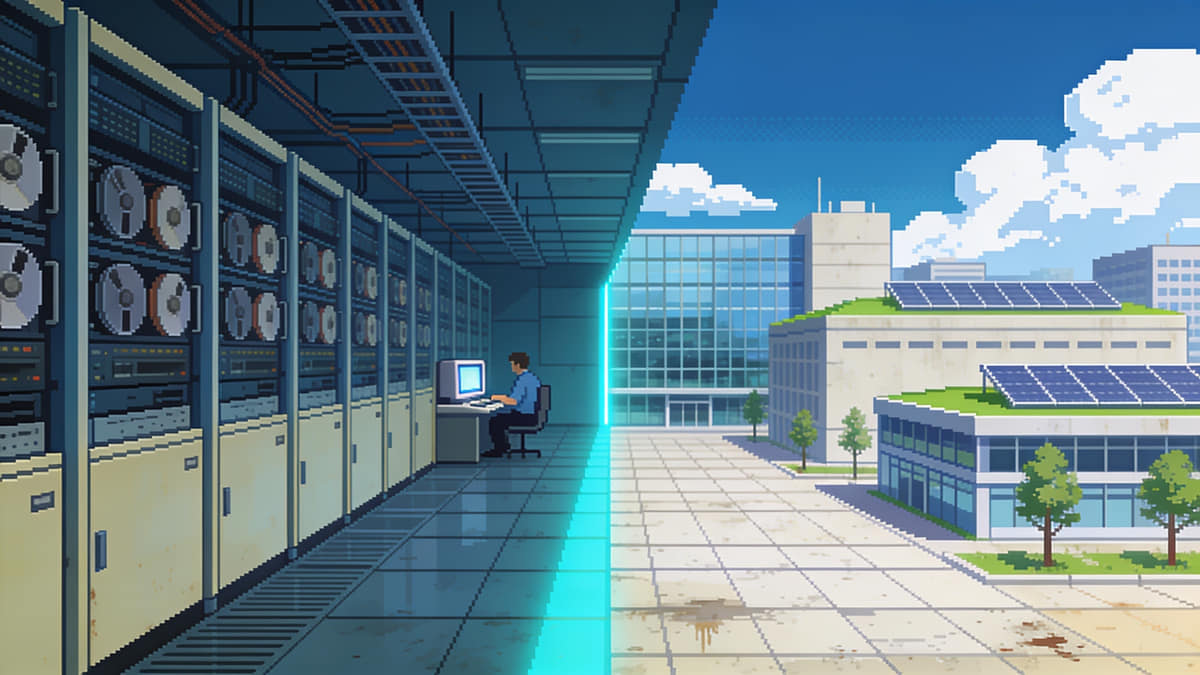 Pixel-art scene: a calm, well-kept mainframe hall in cool shade on the left opening out into a bright modern technology campus on the right
